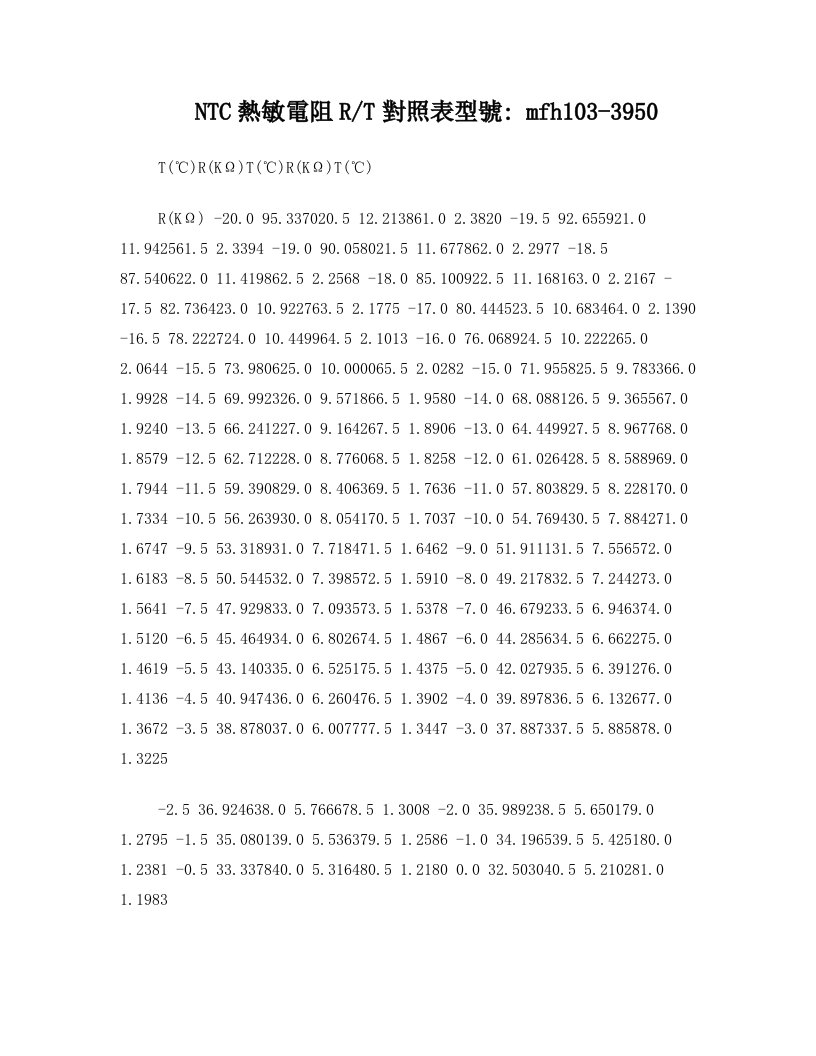 热敏电阻温度对照表