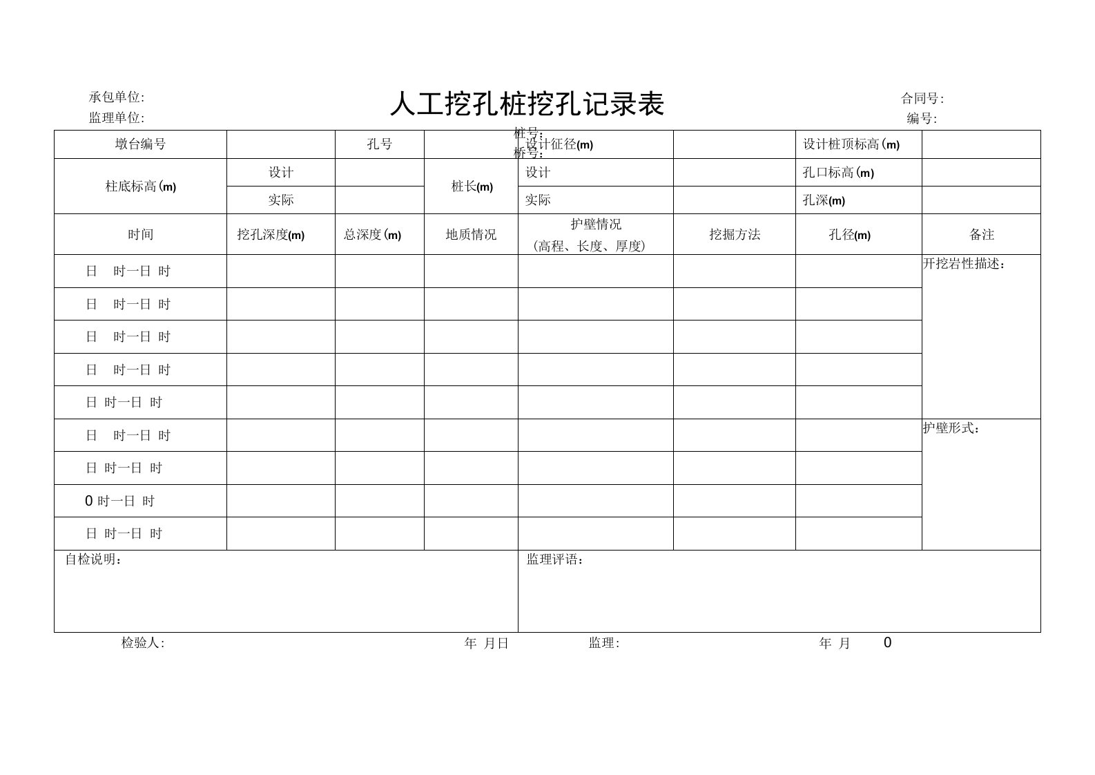 人工挖孔桩挖孔记录表