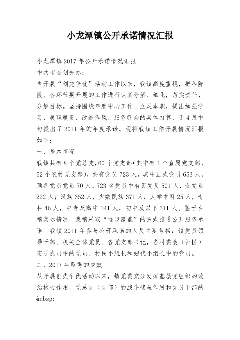 小龙潭镇公开承诺情况汇报