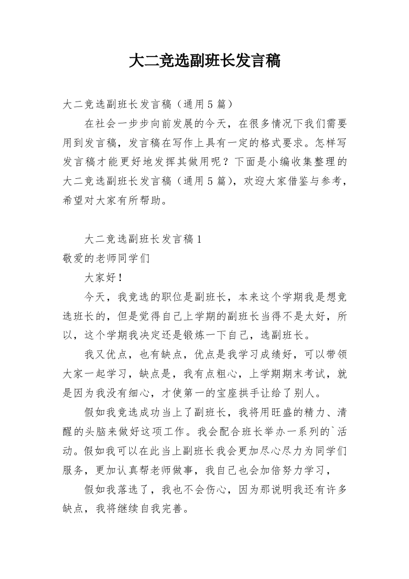 大二竞选副班长发言稿