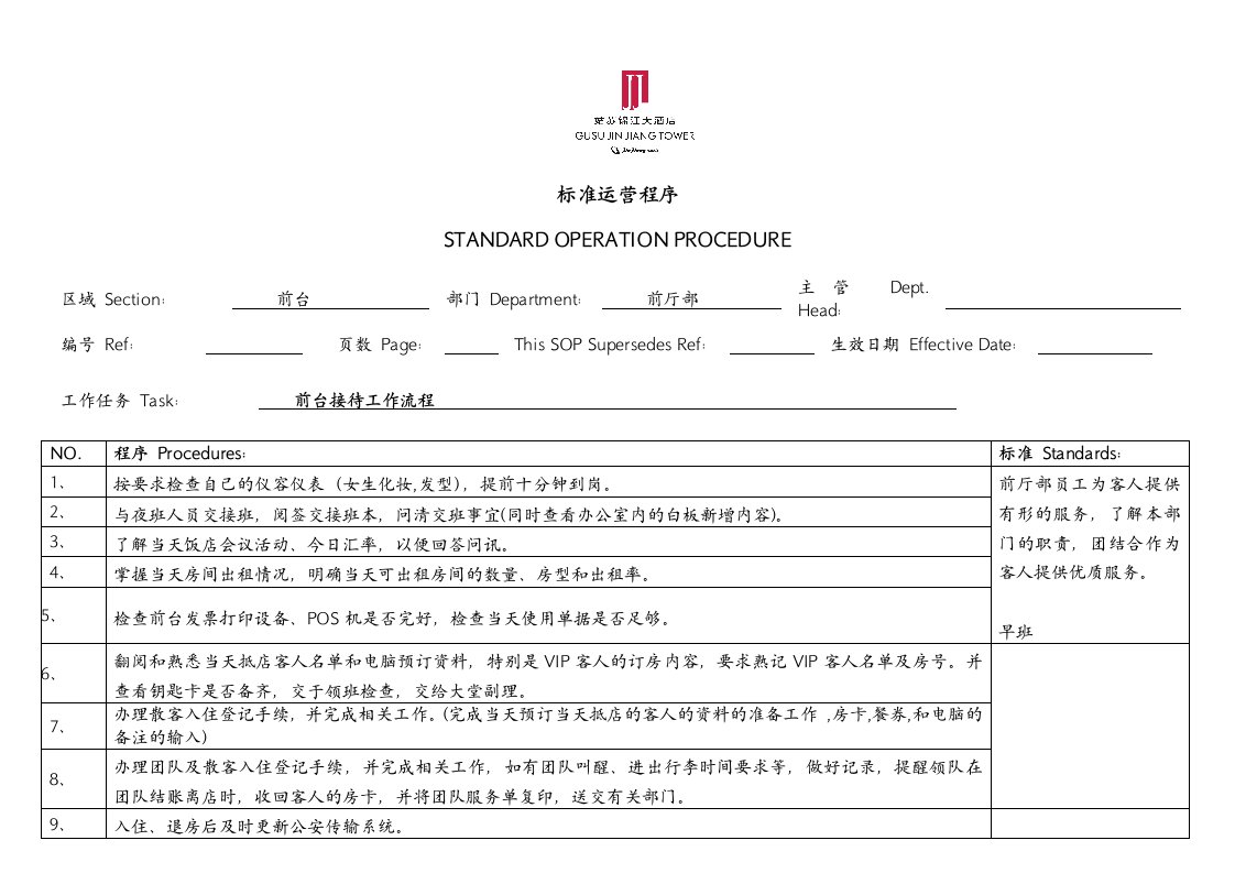 酒店管理-酒店培训锦江国际酒店前厅部SOP106页