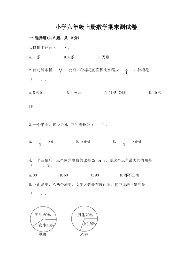 小学六年级上册数学期末测试卷及完整答案（考点梳理）