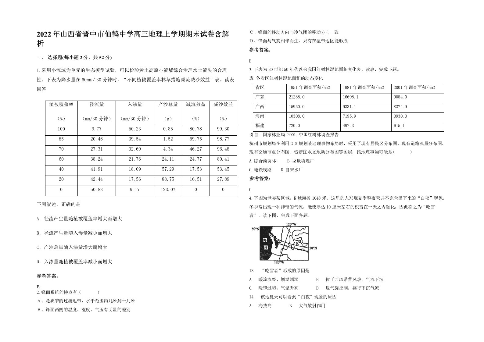 2022年山西省晋中市仙鹤中学高三地理上学期期末试卷含解析