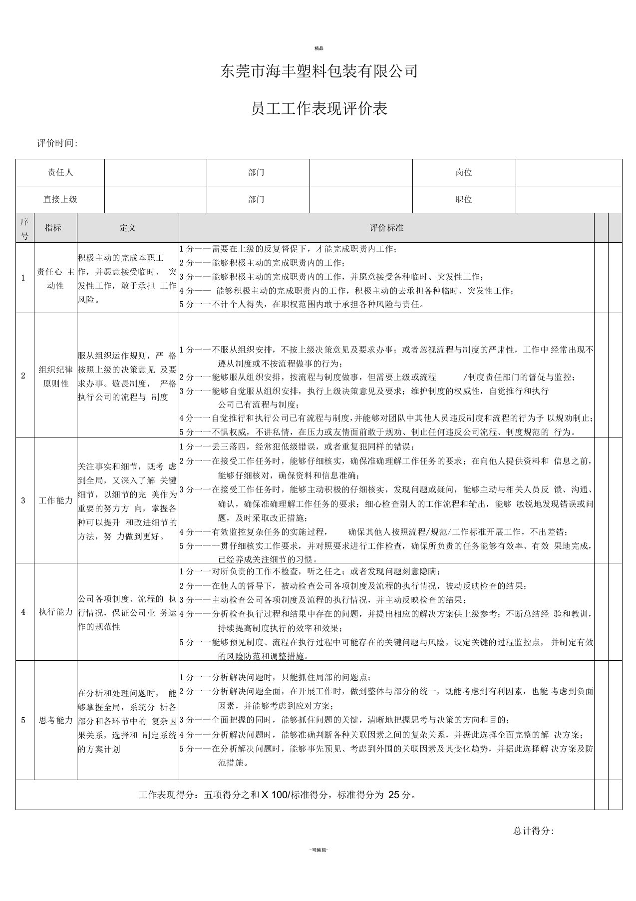 员工工作表现评分表