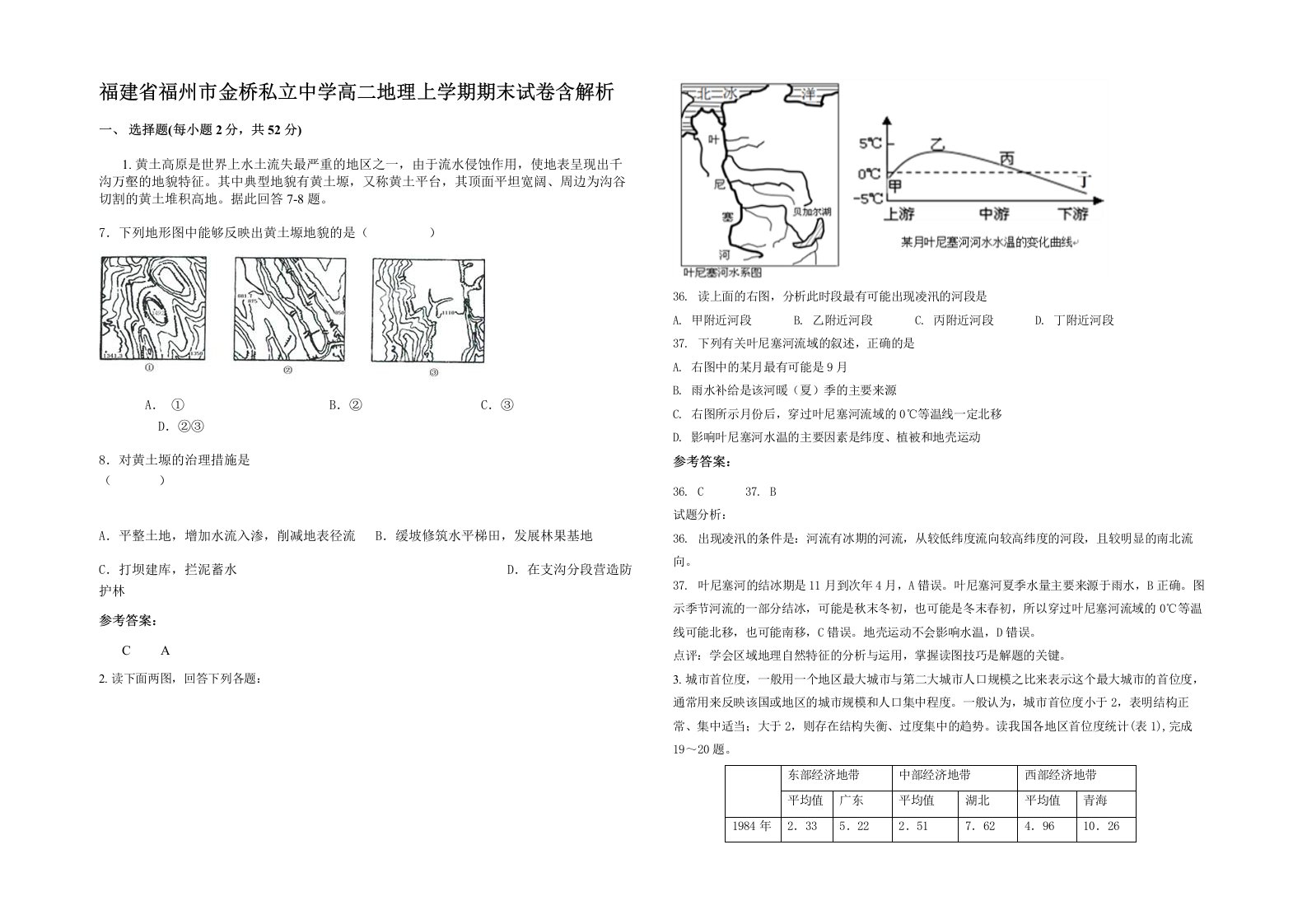 福建省福州市金桥私立中学高二地理上学期期末试卷含解析