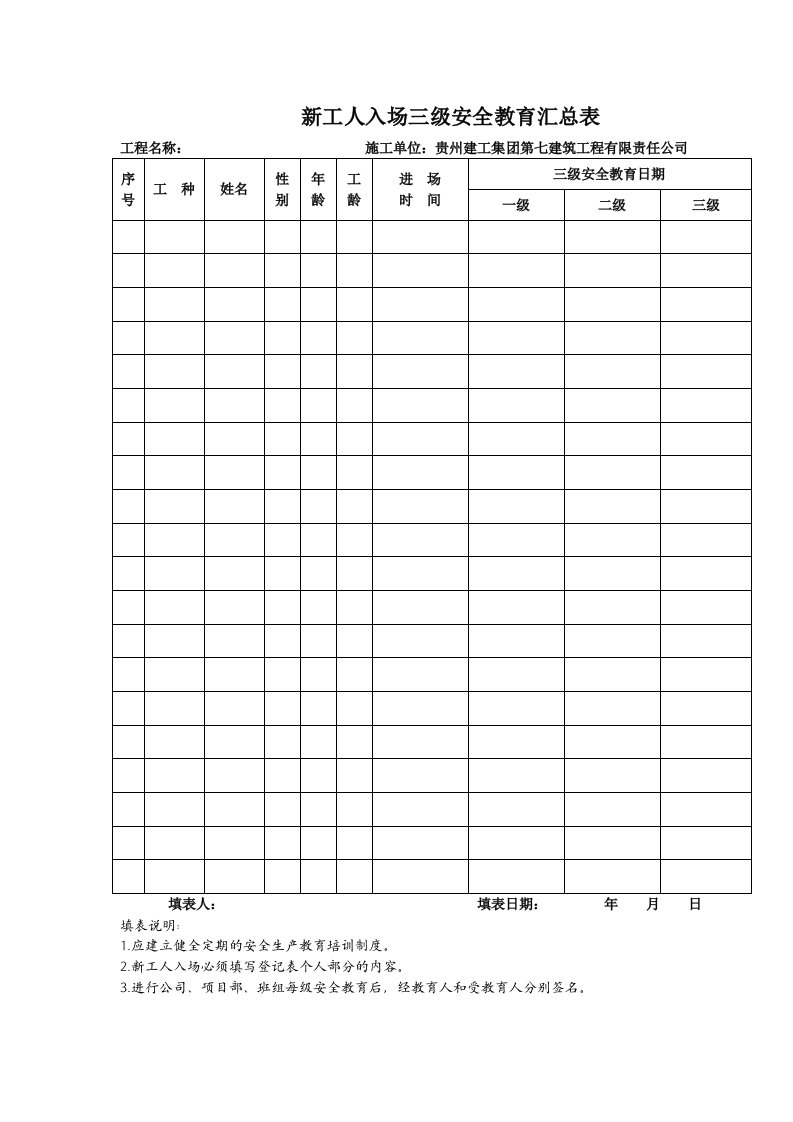 建筑三级安全教育表格大全