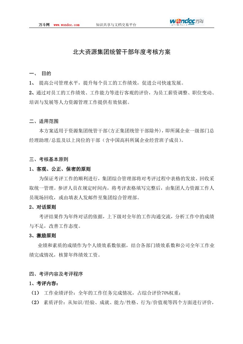 北大资源集团统管干部年度考核方案