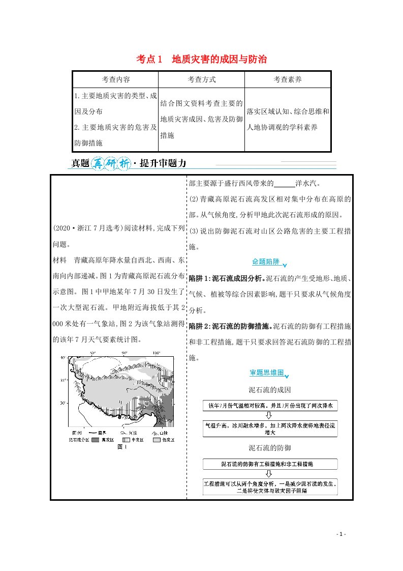 山东专用2021年高考地理二轮复习第一篇专题六考点1地质灾害的成因与防治学案