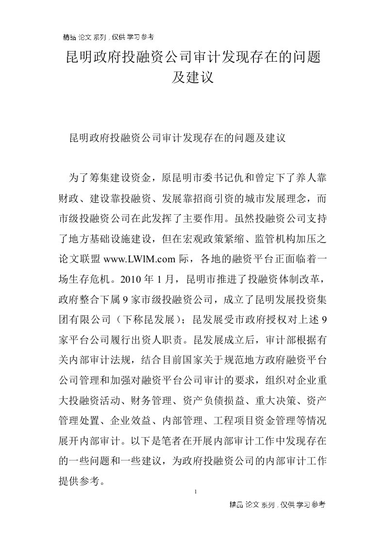 昆明政府投融资公司审计发现存在的问题及建议