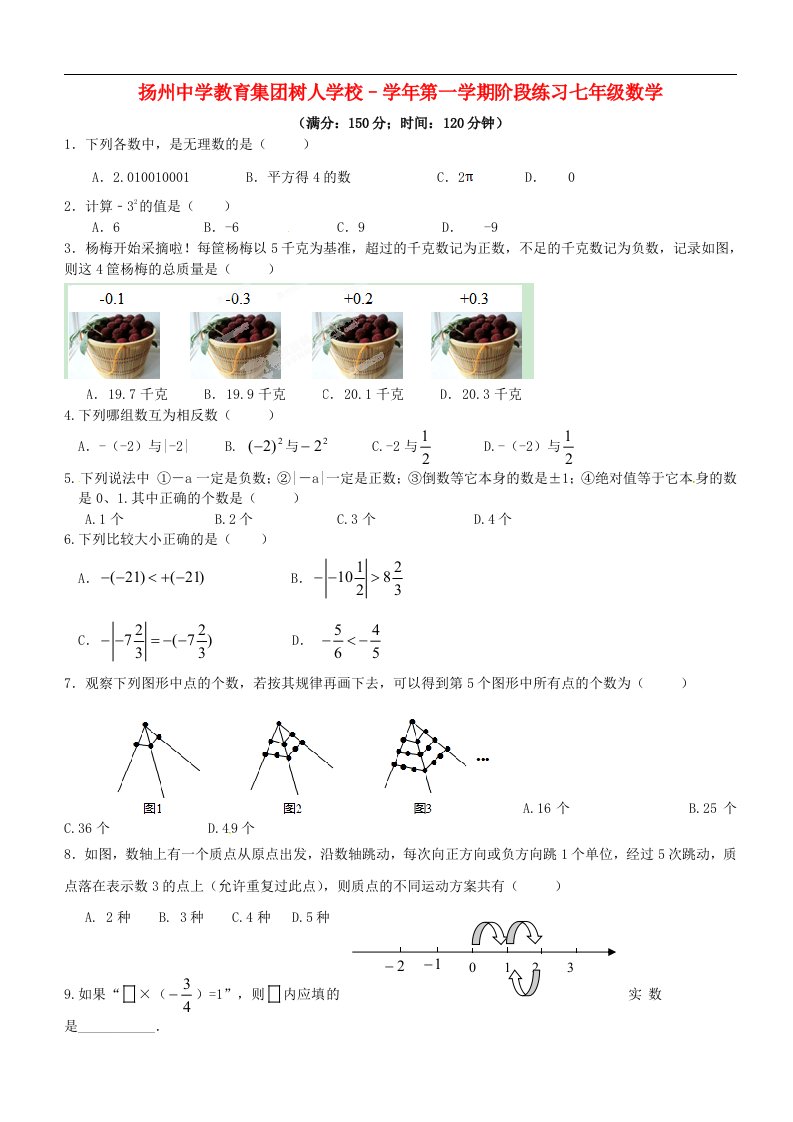 江苏省扬州中学教育集团树人学校七级数学上学期第一次月考试题（无答案）