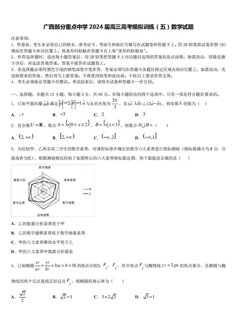 广西部分重点中学2024届高三高考模拟训练(五)数学试题