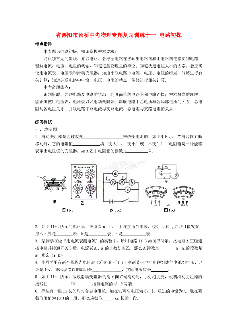 （整理版）溧阳市汤桥初级中考物理专题复习训练十一电路初探