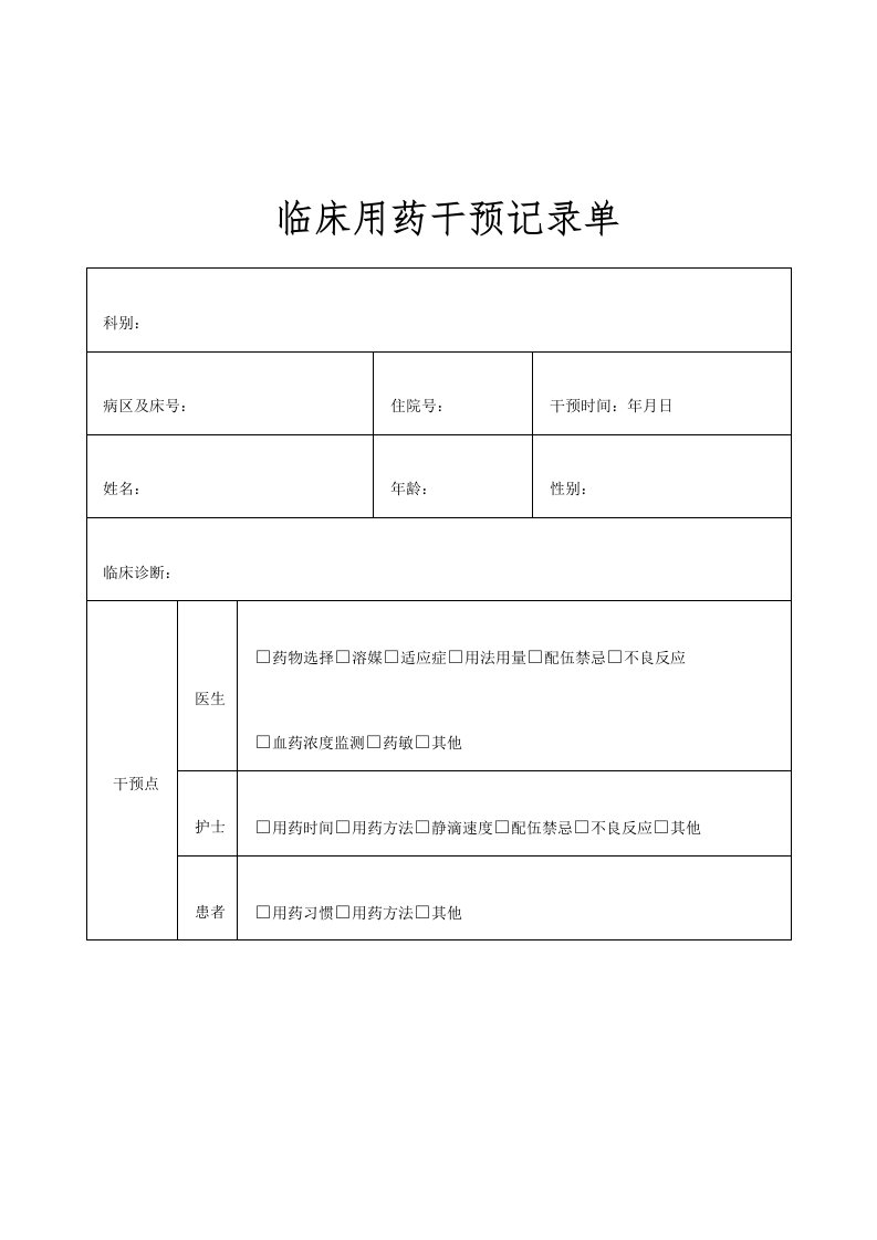 临床用药干预记录单