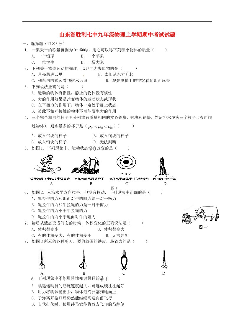 山东省胜利七中九级物理上学期期中考试试题