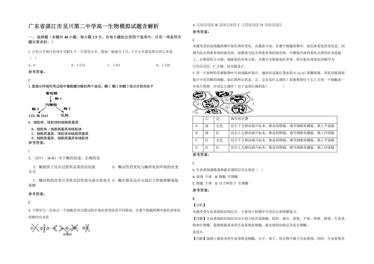 广东省湛江市吴川第二中学高一生物模拟试题含解析