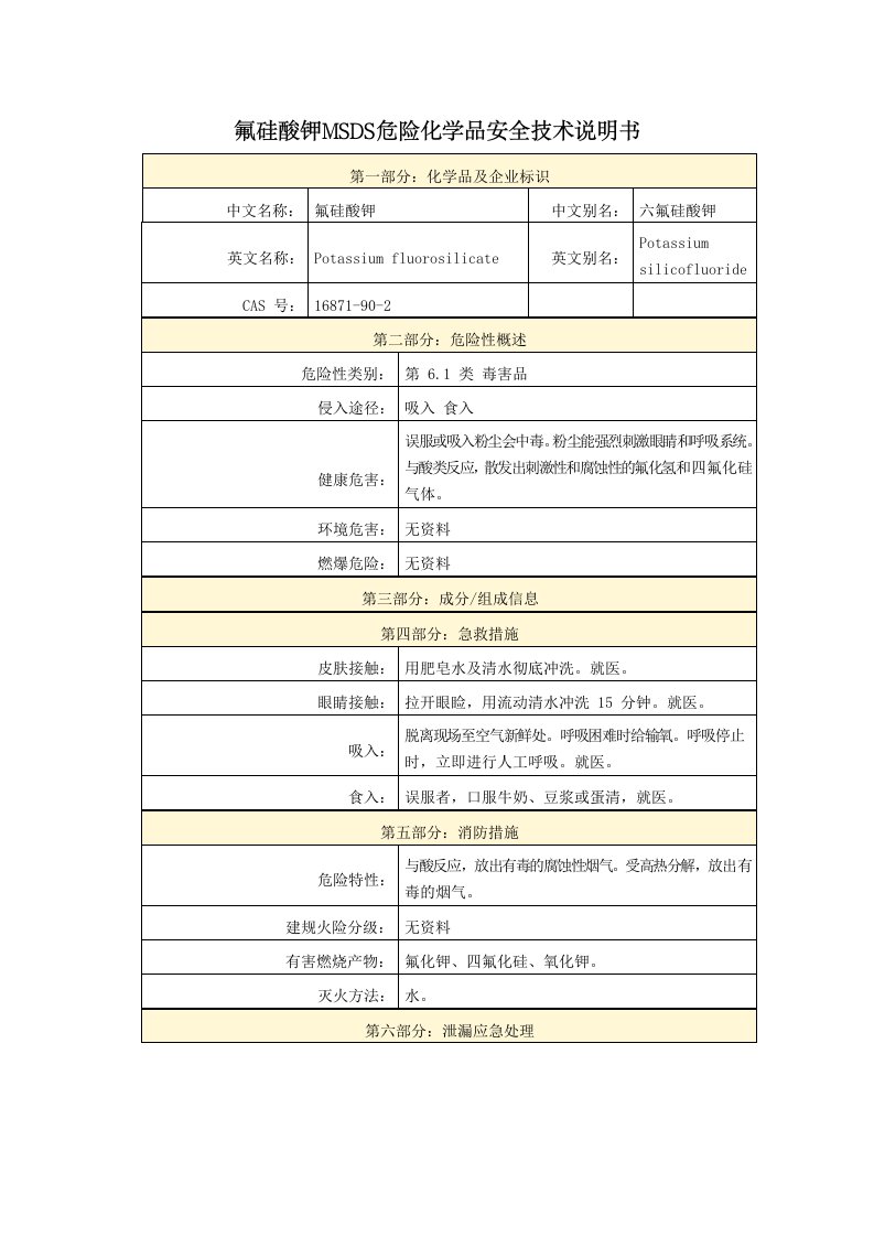 氟硅酸钾MSDS危险化学品安全技术说明书