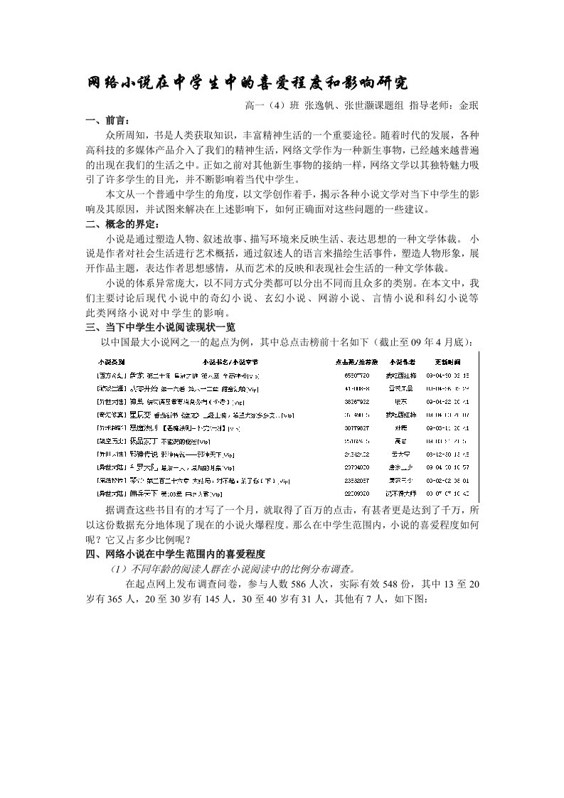 网络小说在中学生中的喜爱程度和影响研究