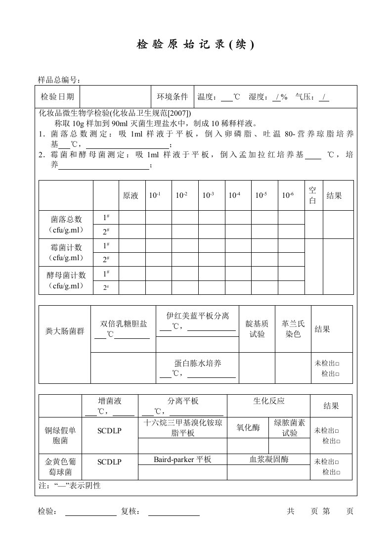 化妆品微生物检验记录