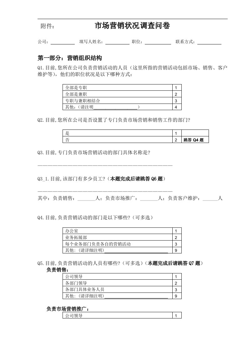 市场营销状况调查问卷