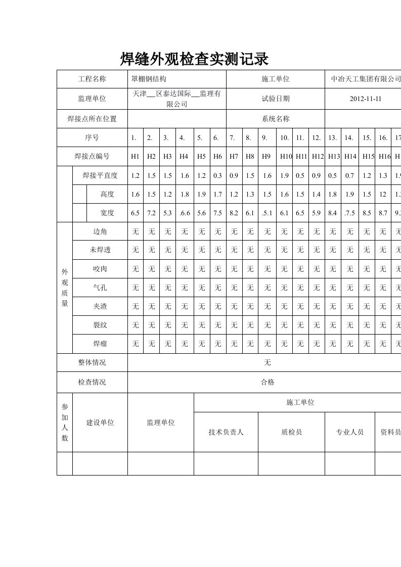 焊缝外观检查实测记录