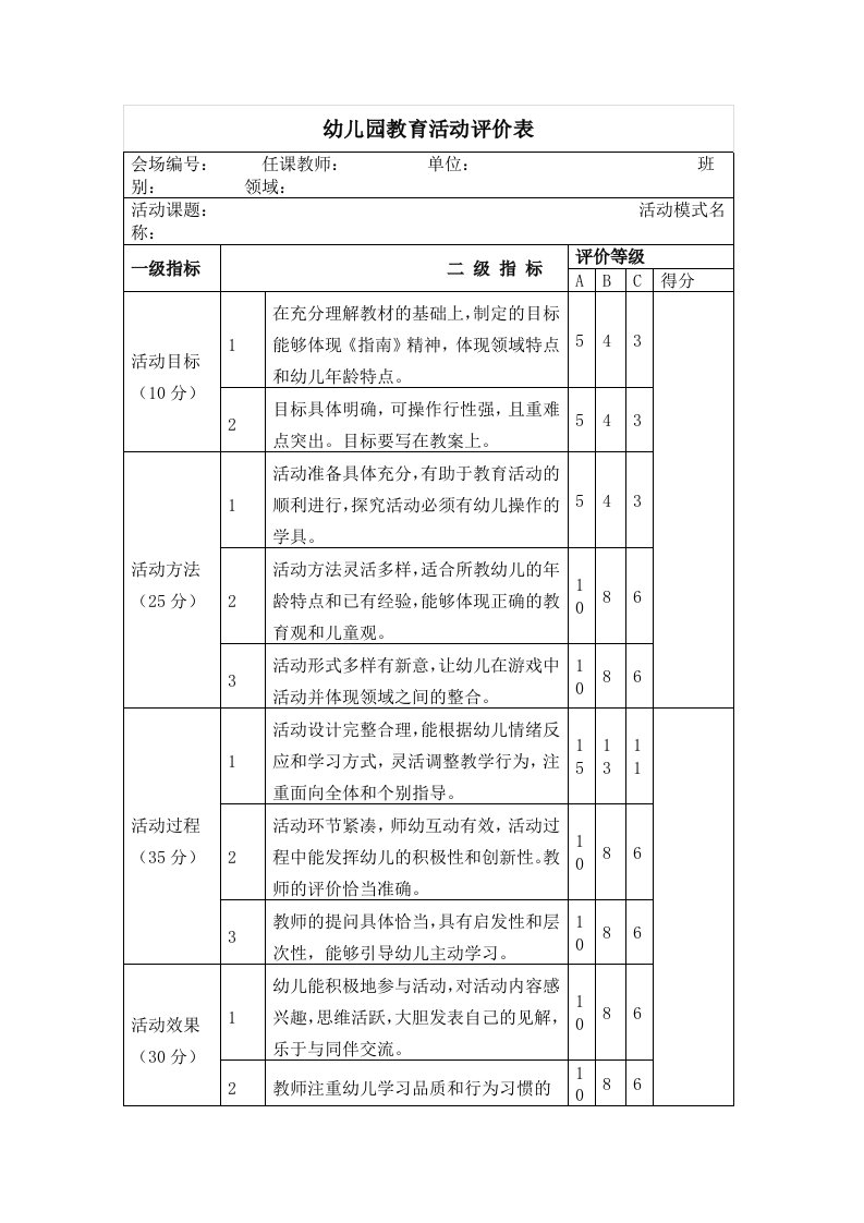 幼儿园教育活动评价表