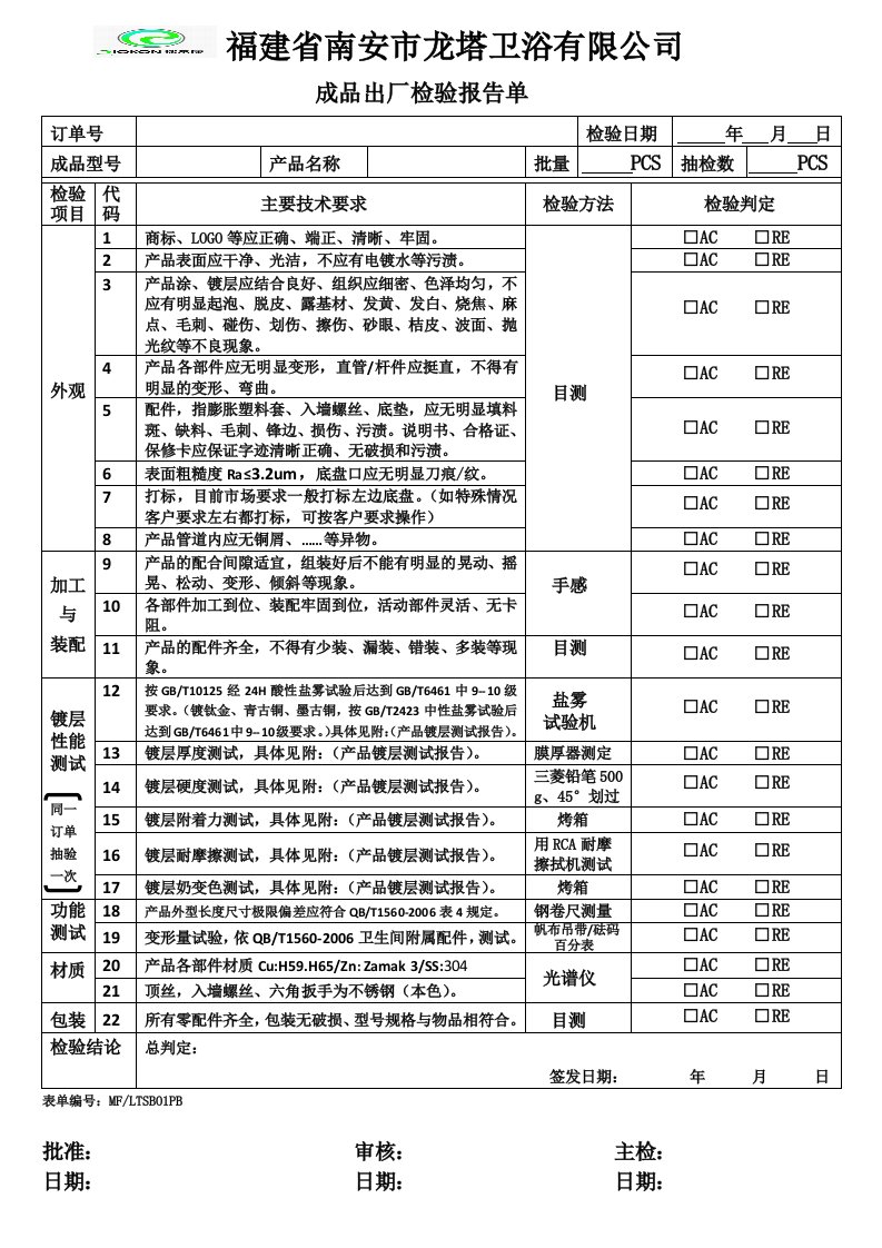 成品出厂检验报告单