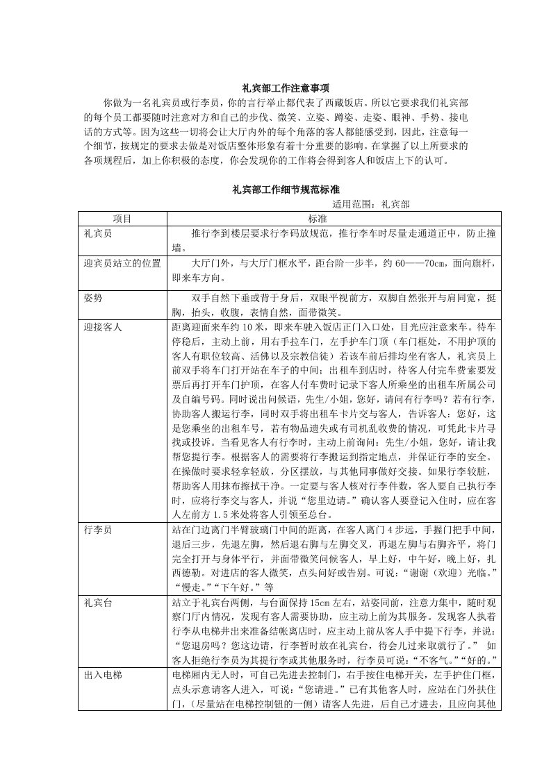 前厅礼宾部工作细节规范标准