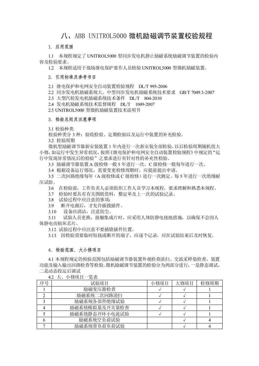 UN5000励磁系统检修工艺规程