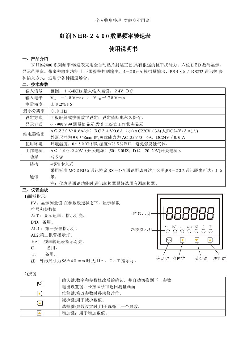 虹润NHR-2400数显频率转速表说明书