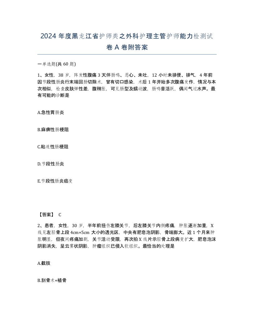 2024年度黑龙江省护师类之外科护理主管护师能力检测试卷A卷附答案