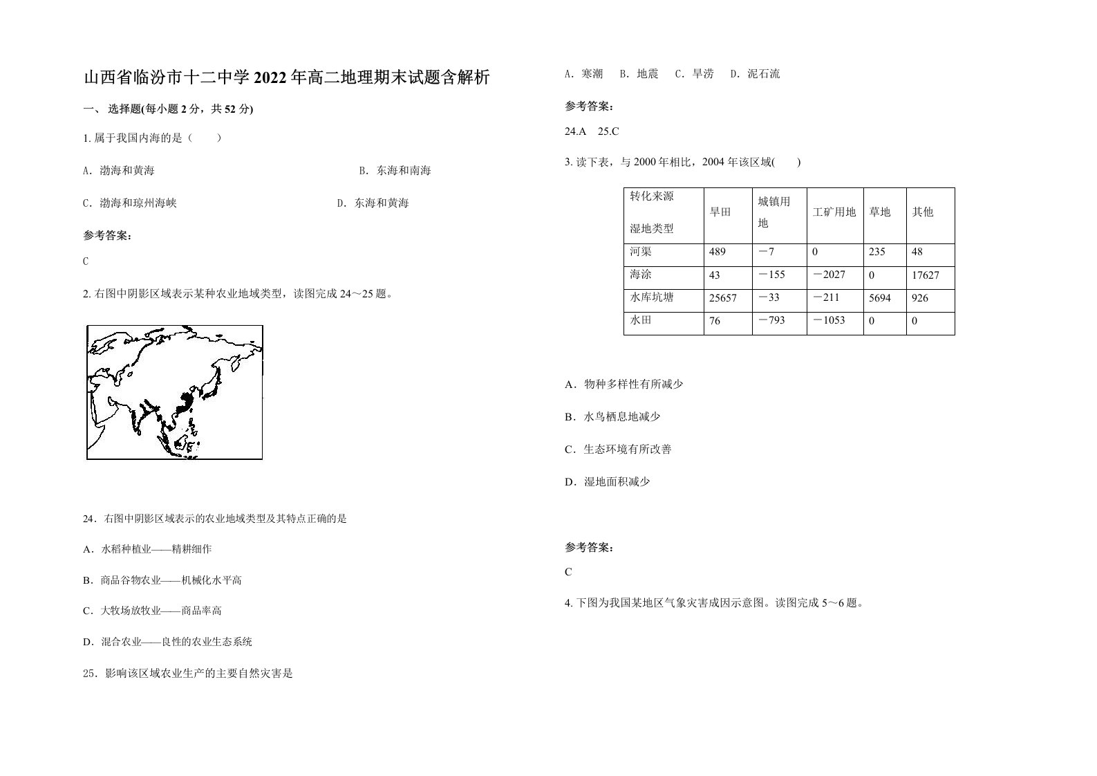 山西省临汾市十二中学2022年高二地理期末试题含解析