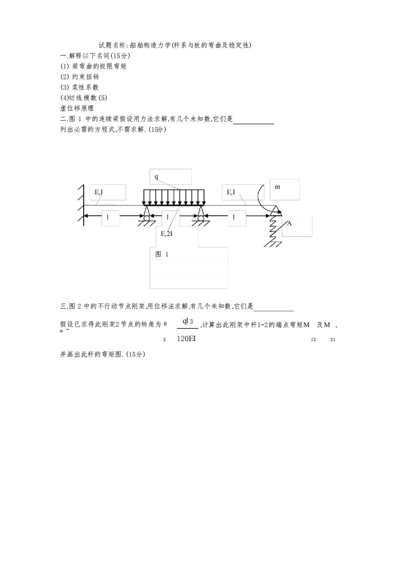 上海交大船舶海洋工程专业历年考研结构力学试题