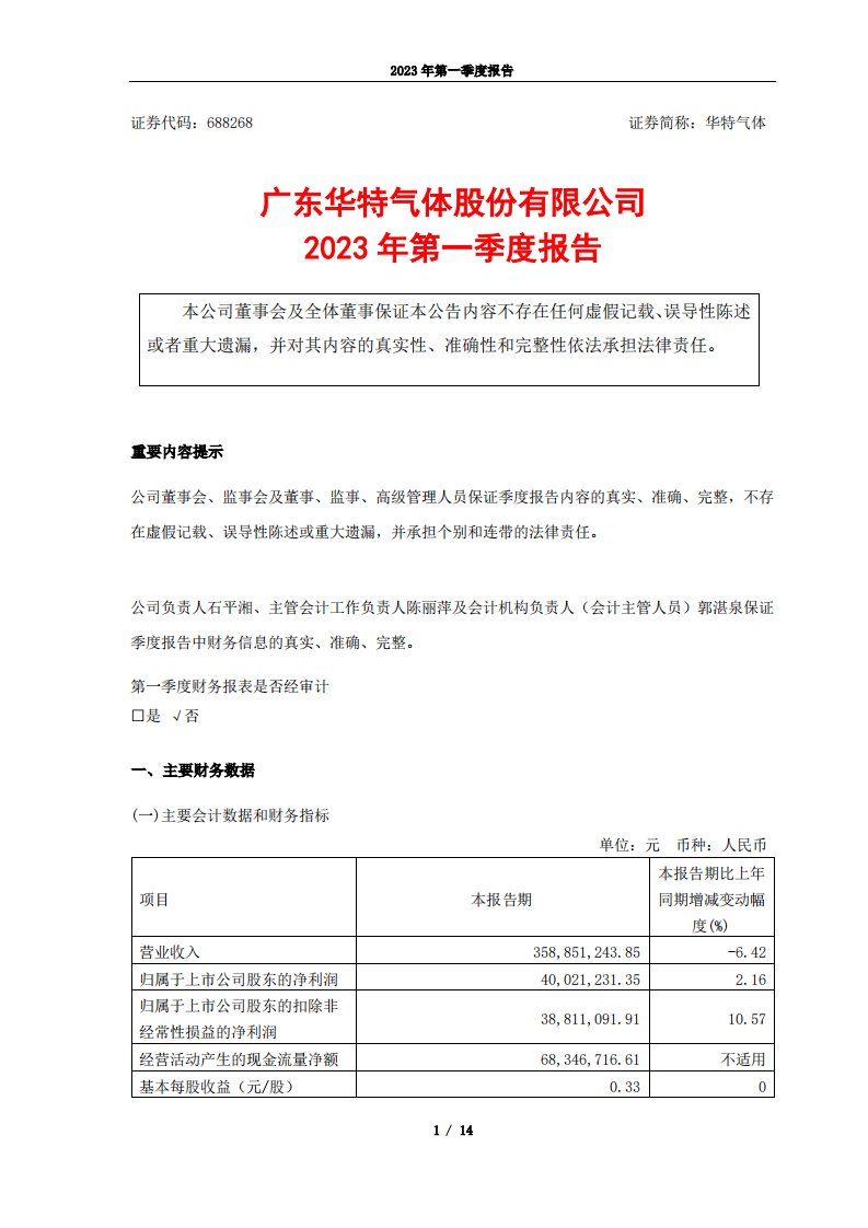 上交所-广东华特气体股份有限公司2023年第一季度报告-20230427