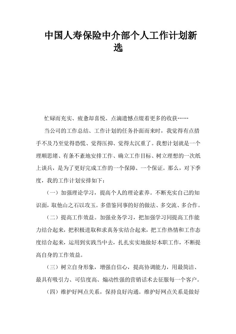 中国人寿保险中介部个人工作计划新选