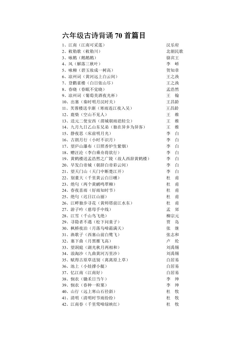 六年级需要背诵的70首古诗