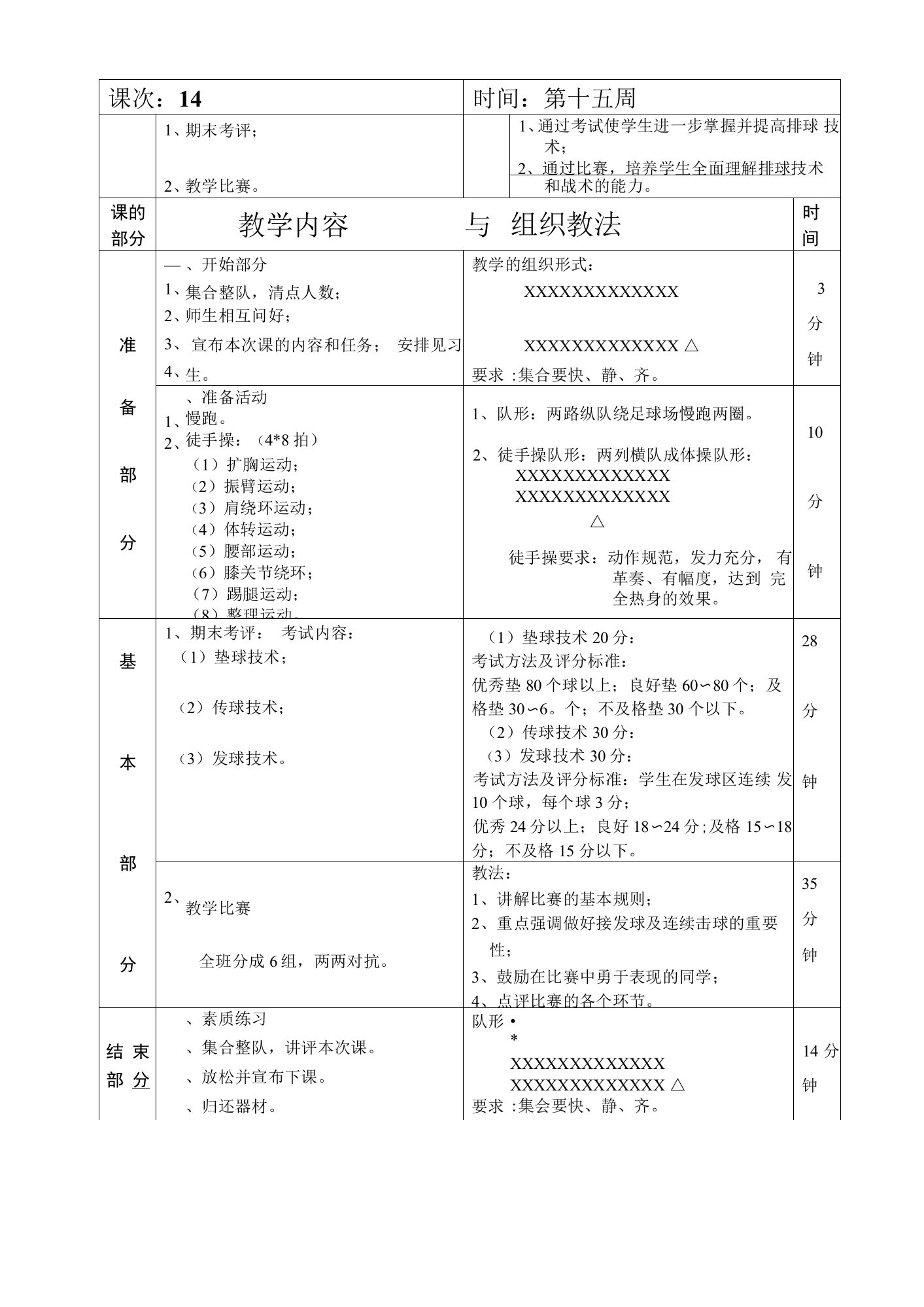 排球选修课期末考评第14次课教案