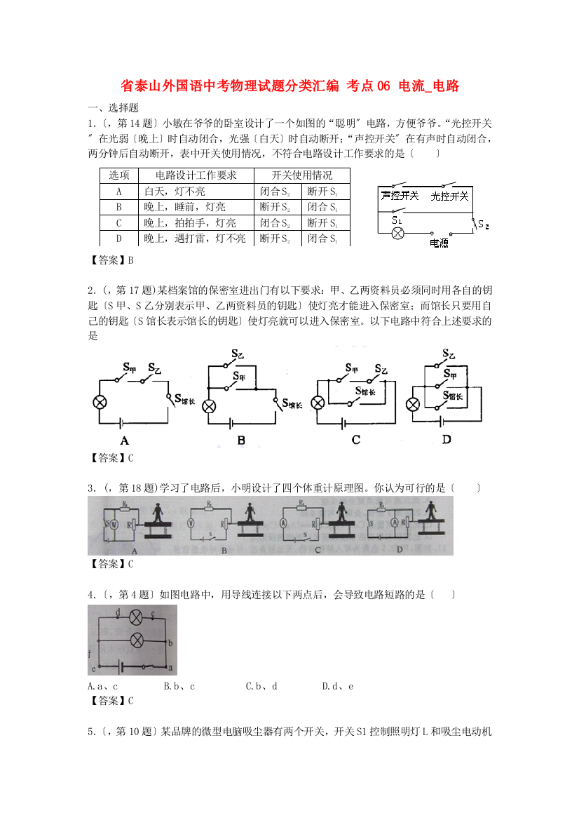 （整理版）泰山外国语学校中考物理编考点06电流