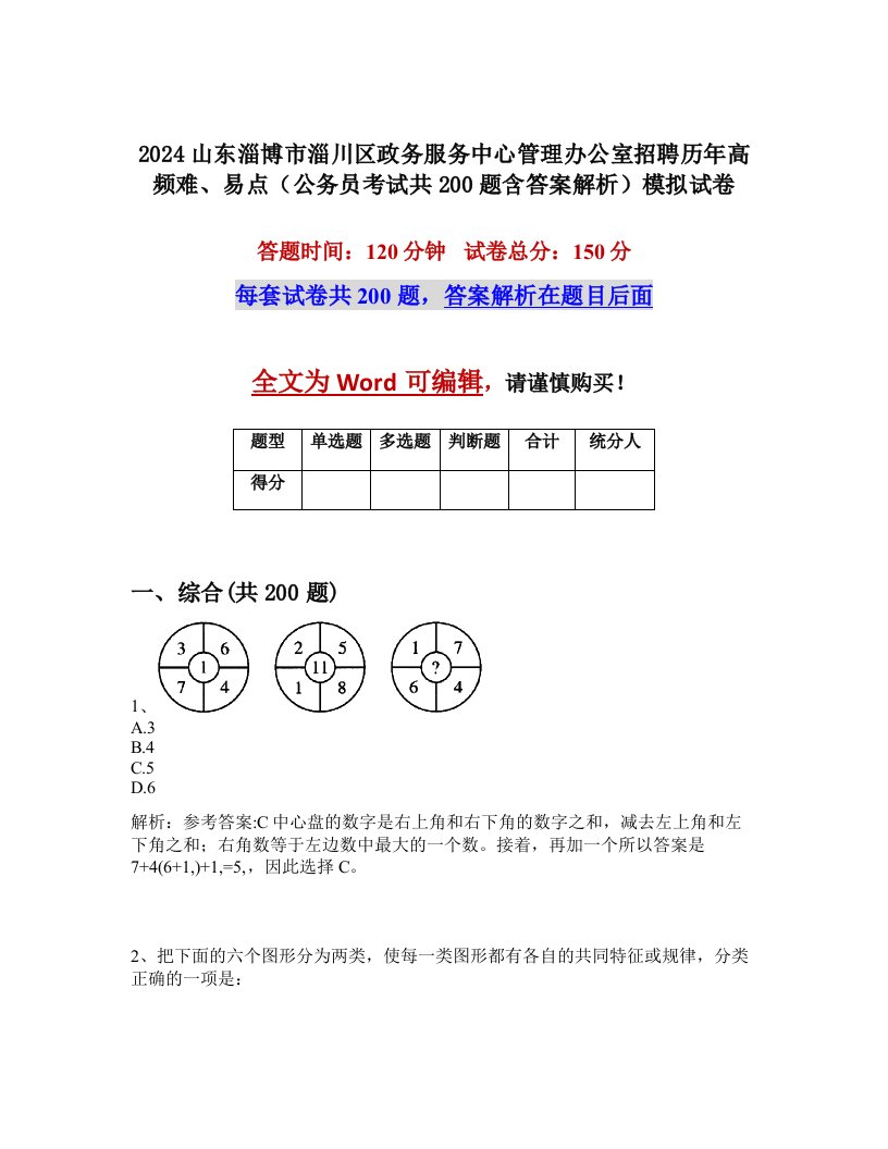 2024山东淄博市淄川区政务服务中心管理办公室招聘历年高频难、易点（公务员考试共200题含答案解析）模拟试卷