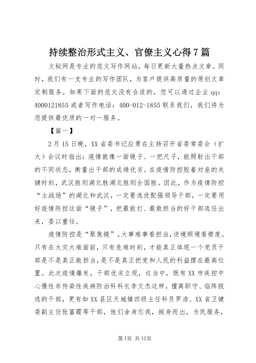 持续整治形式主义、官僚主义心得7篇