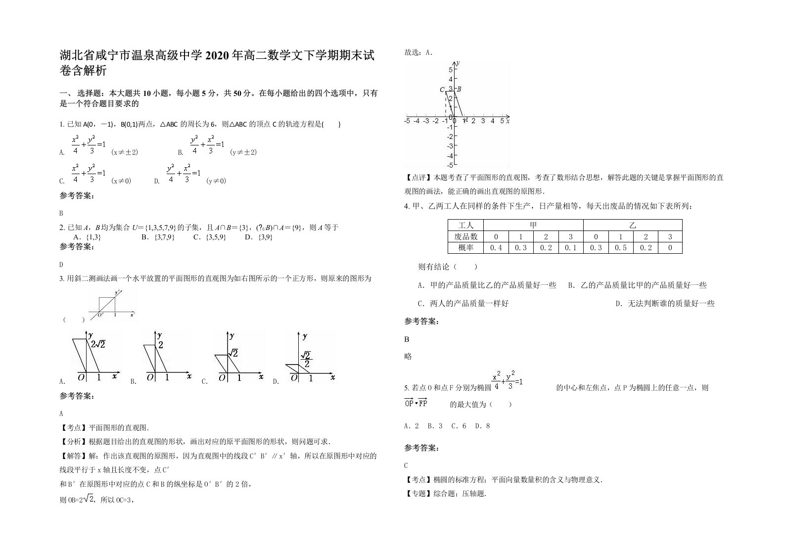 湖北省咸宁市温泉高级中学2020年高二数学文下学期期末试卷含解析