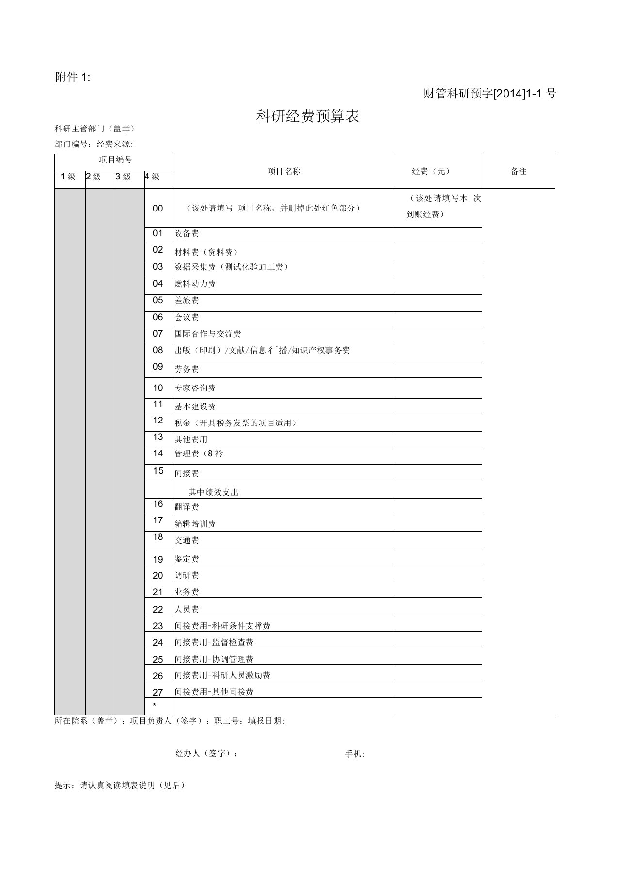 科研项目经费预算表