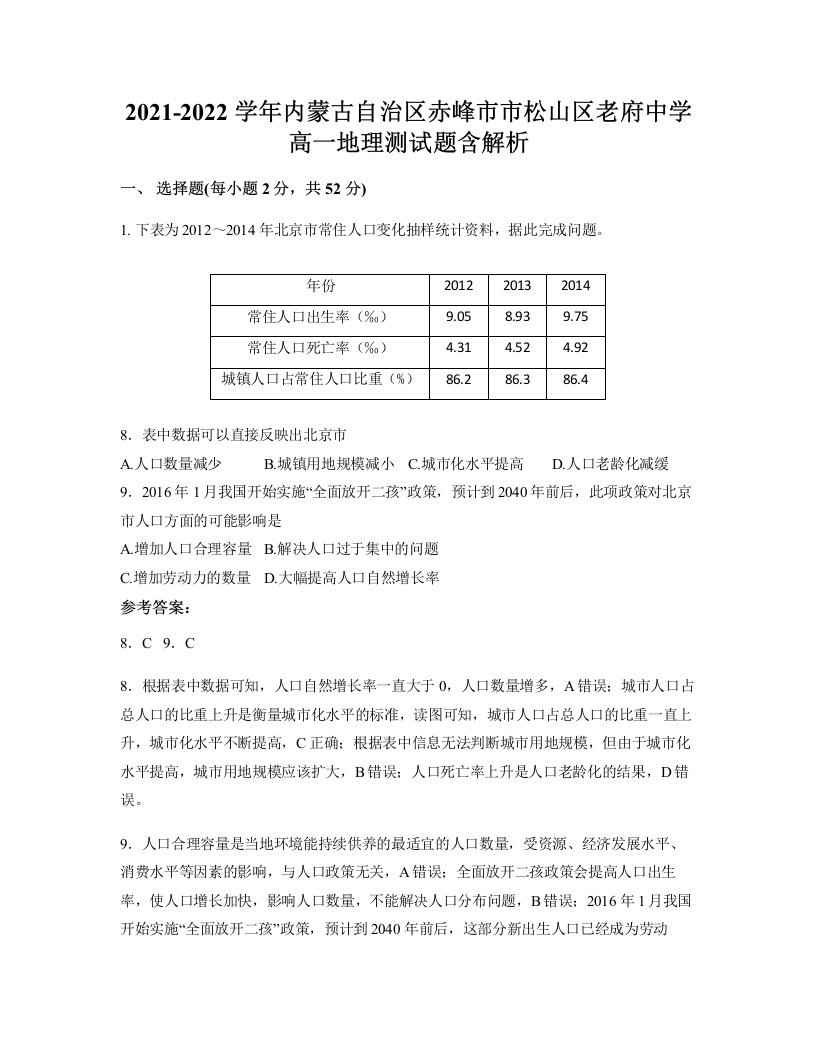 2021-2022学年内蒙古自治区赤峰市市松山区老府中学高一地理测试题含解析