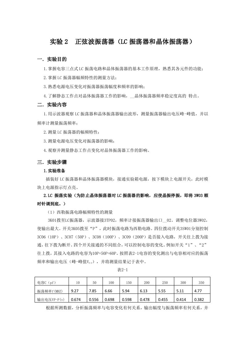 实验2正弦波振荡器(LC振