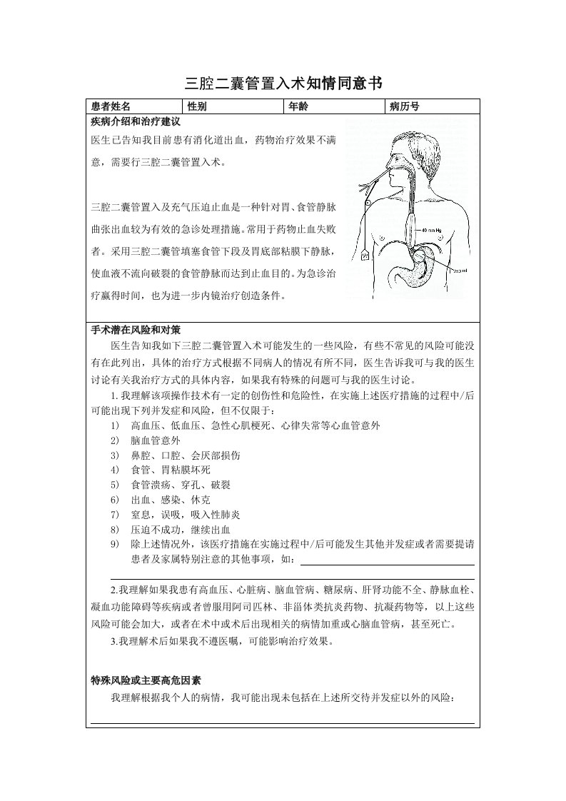 三腔二囊管置入术知情同意书