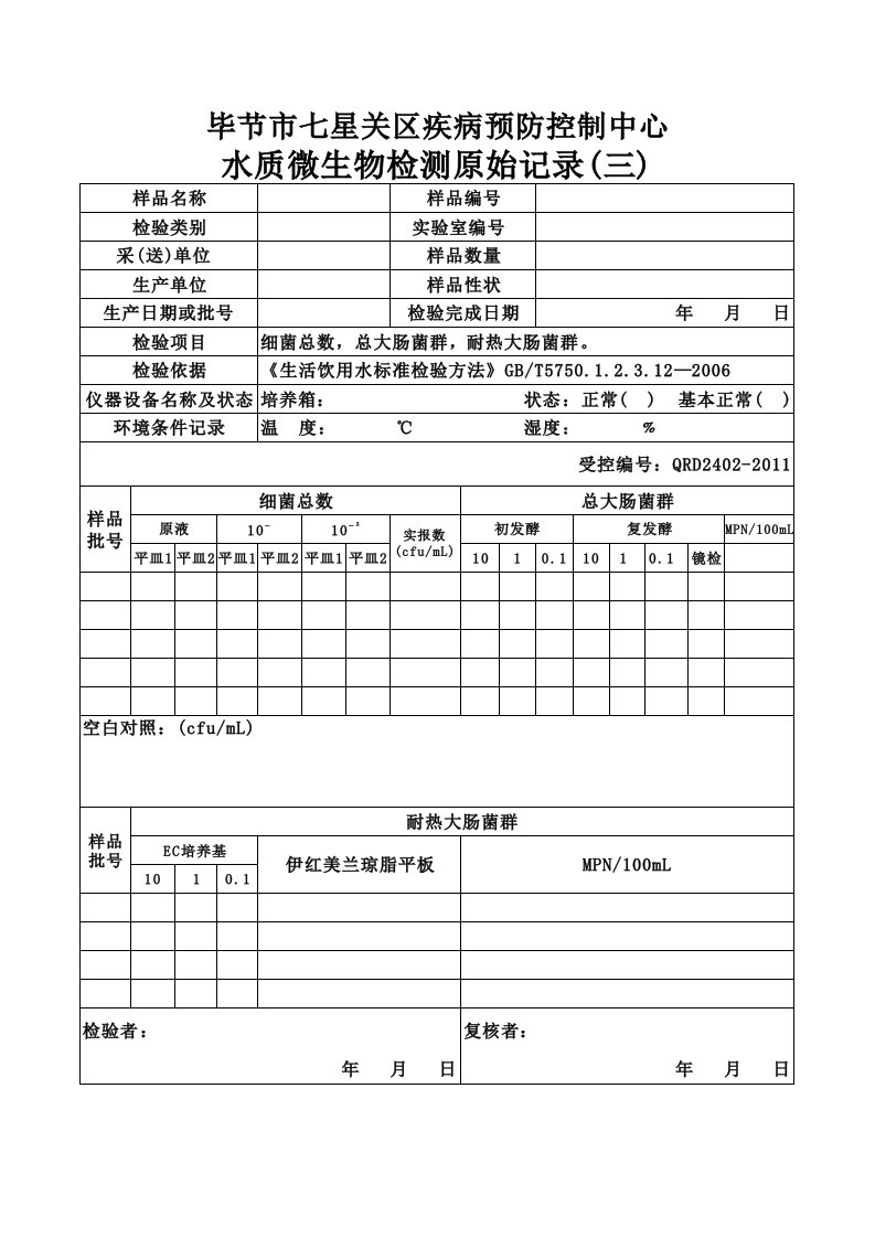 水质微生物检测原始记录表