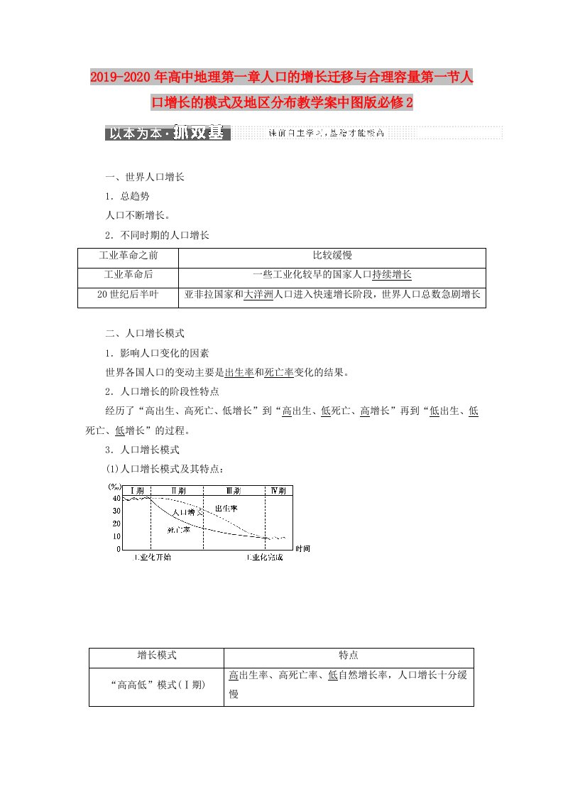 2019-2020年高中地理第一章人口的增长迁移与合理容量第一节人口增长的模式及地区分布教学案中图版必修2