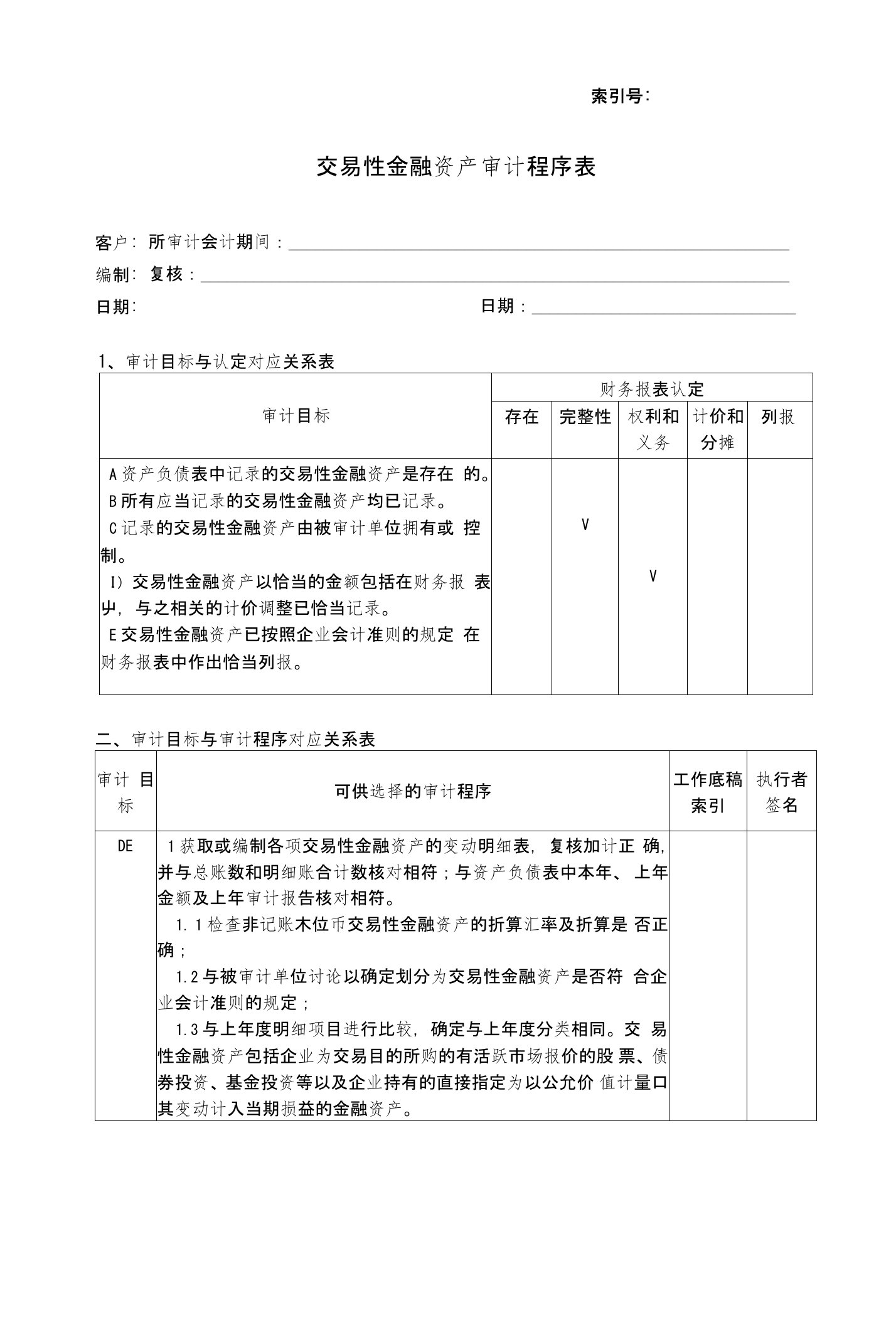 交易性金融资产审计程序表