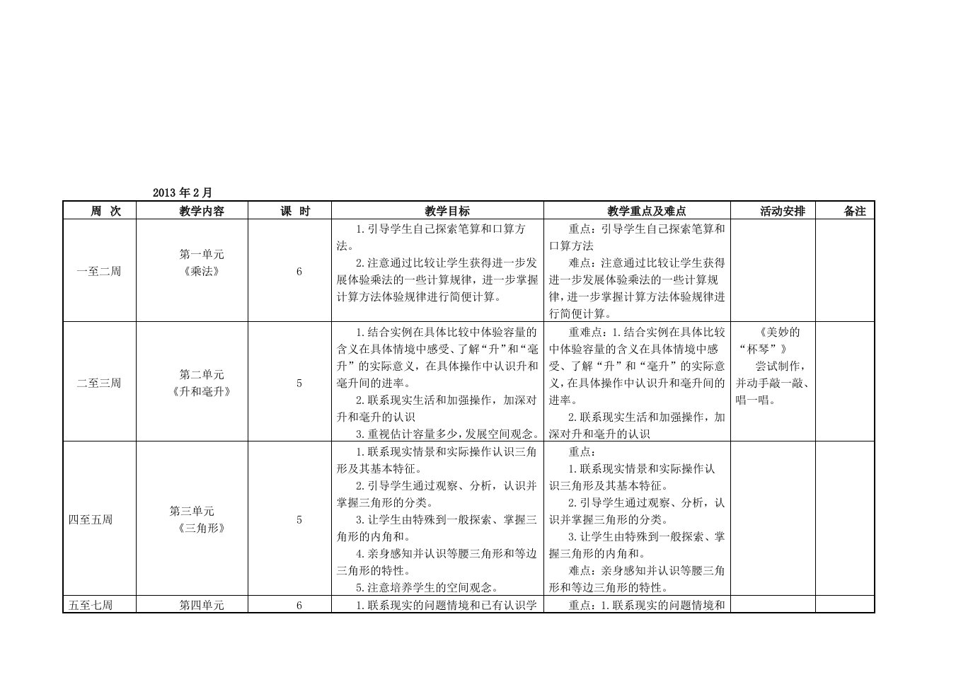 苏教版四年级下册数学教学进度计划表