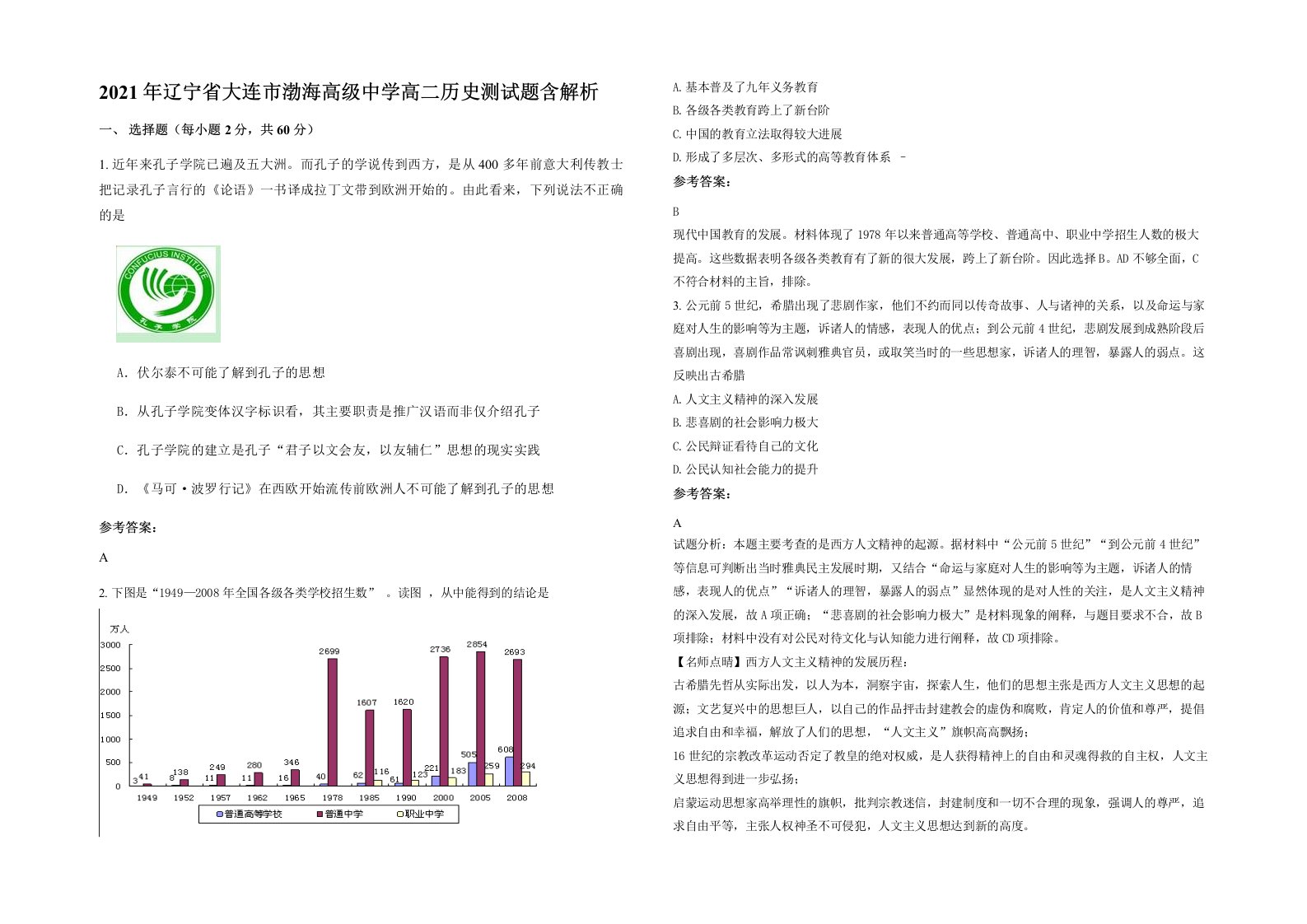 2021年辽宁省大连市渤海高级中学高二历史测试题含解析