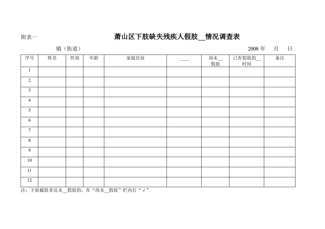 萧山区下肢缺失残疾人假肢安装情况调查表